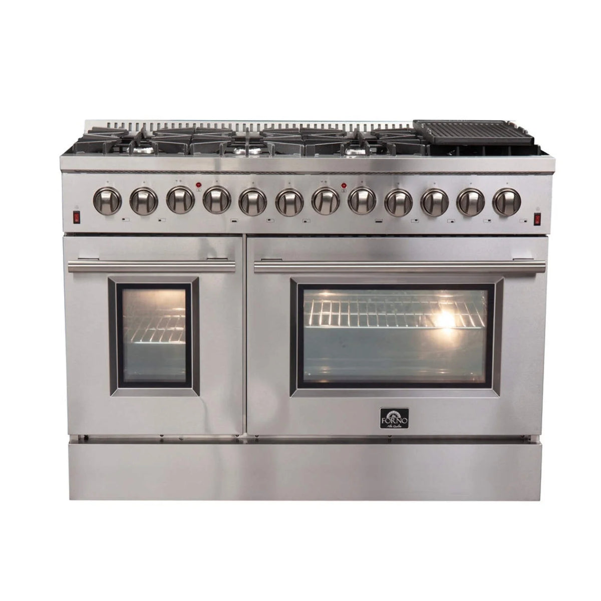 FORNO Premium 3-Piece Kitchen Bundle - FORNO Galiano 48" Freestanding Dual Fuel Range, FORNO Rizzuto 60" W. Dual Combo Convertible Refrigerator, FORNO 48" Wall Mount Range Hood - FBDL-017-02US