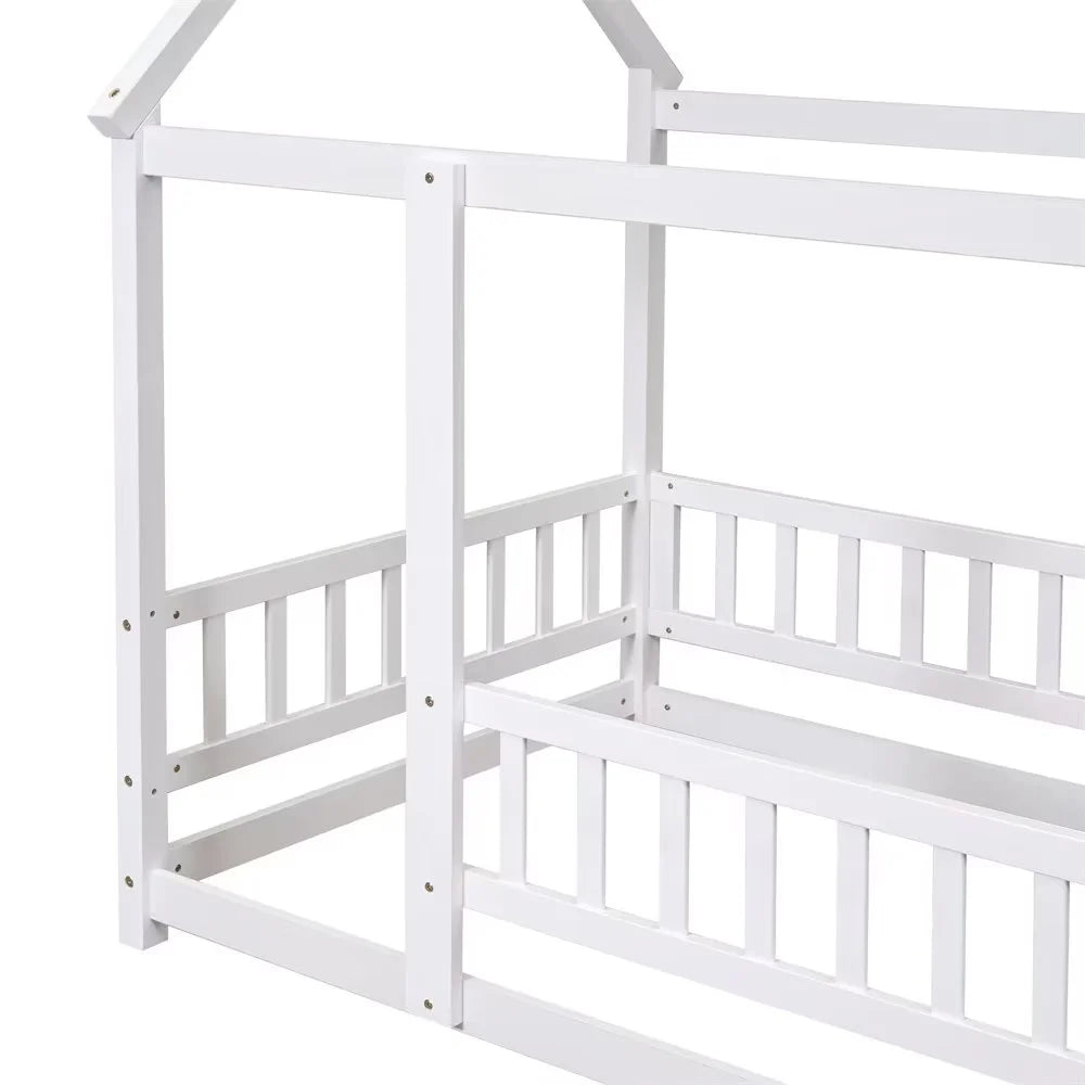 Twin Size House Bed for Boys and Girl, Wooden Canopy Bed Tent Bed, Playhouse Design Bed Frame with Full-lenth Guardrail, Bedroom Furniture, 79.5��L x 44.8��W x 66.2��H, White