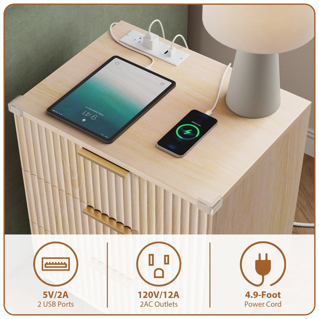 GIKPAL Bedroom Dresser and Nightstand 3 Piece Set - Includes Boho Double 6 Drawer Storage Dresser, Nightstand Set of 2 with Charging Station, Modern Bedroom Set, Natural