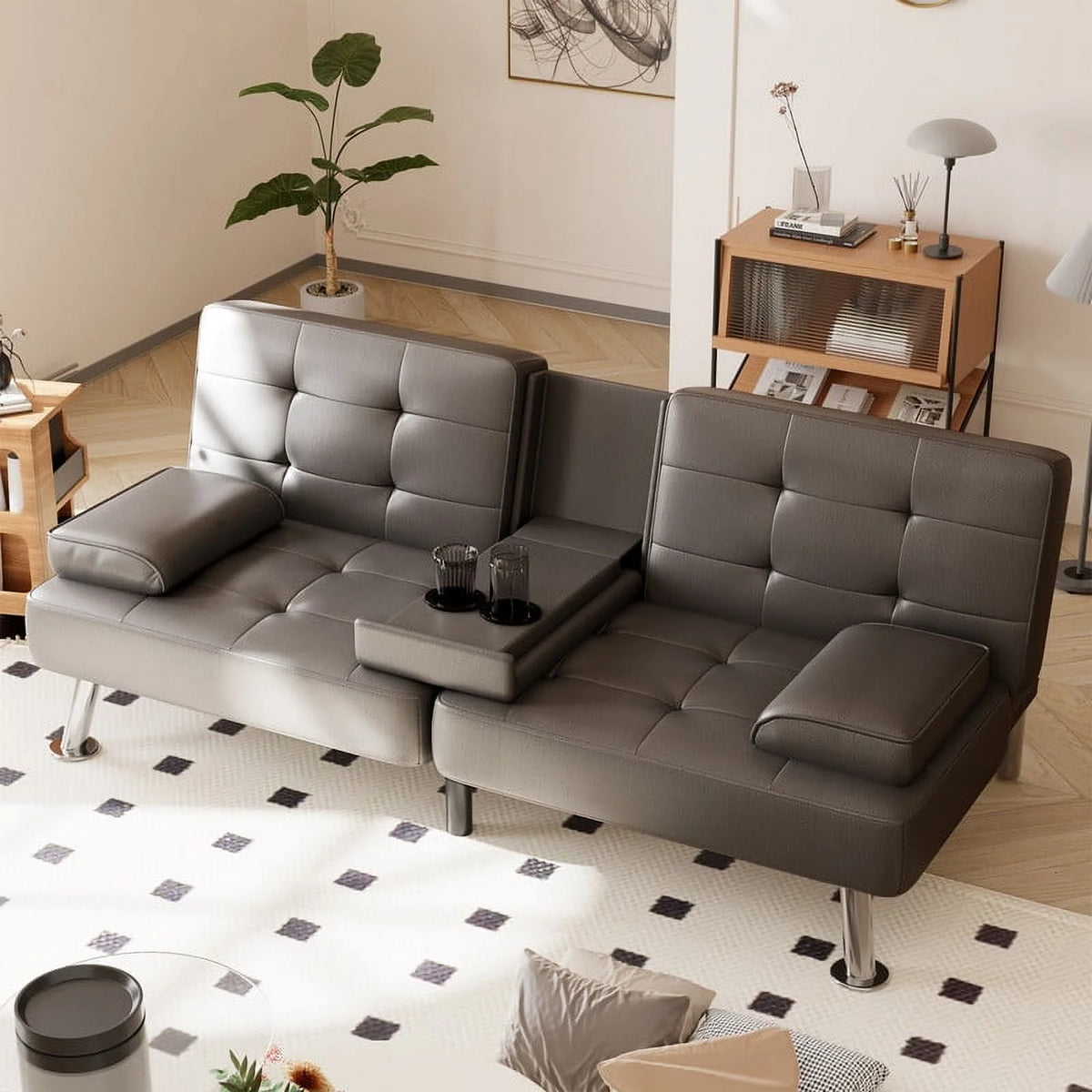 Furmax Futon Sofa Bed Convertible Folding Faux Leather Couch with 2 Cup Holders,Black