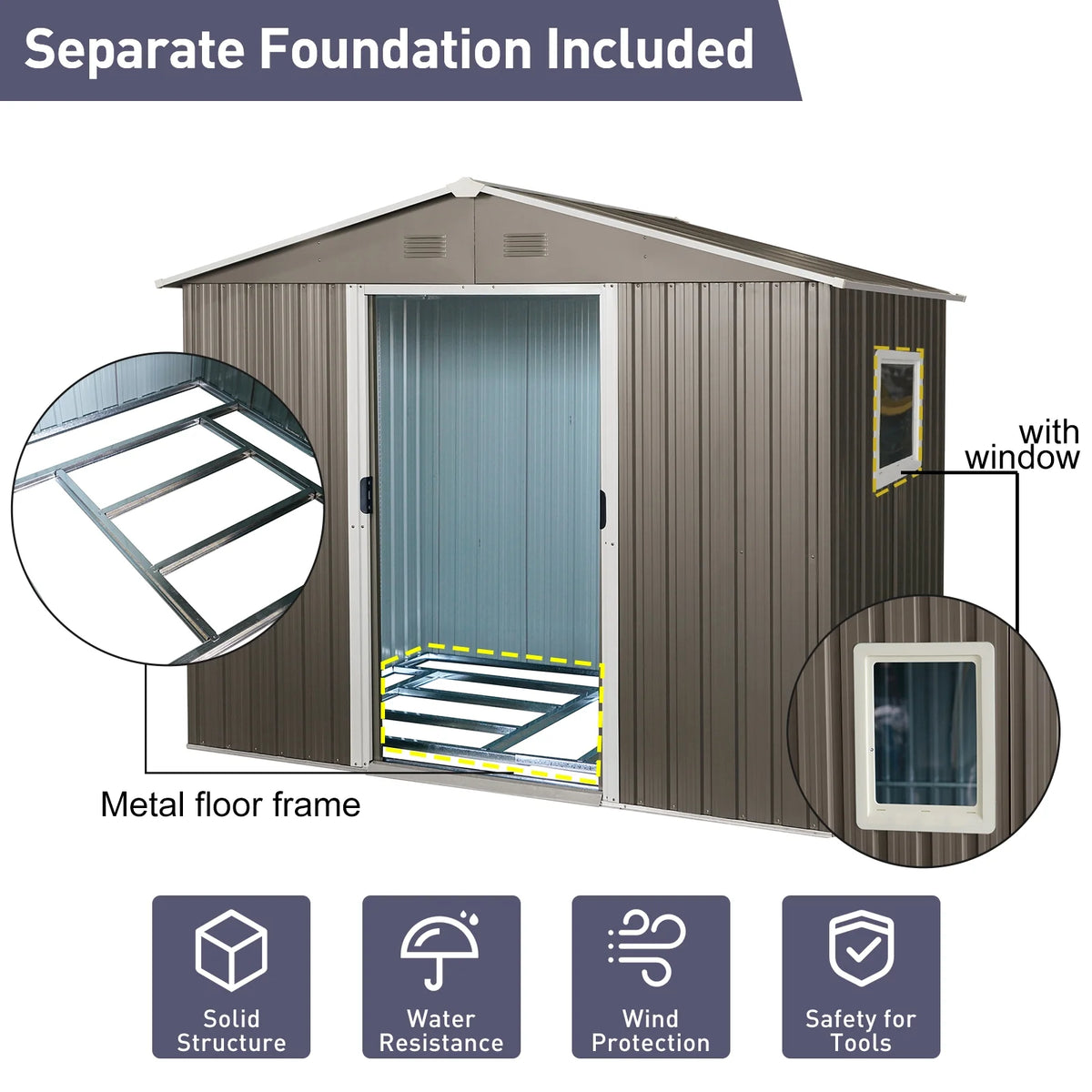 8ft x 6ft Outdoor Metal Storage Shed with Window Grey DIY assembly with pre-cut