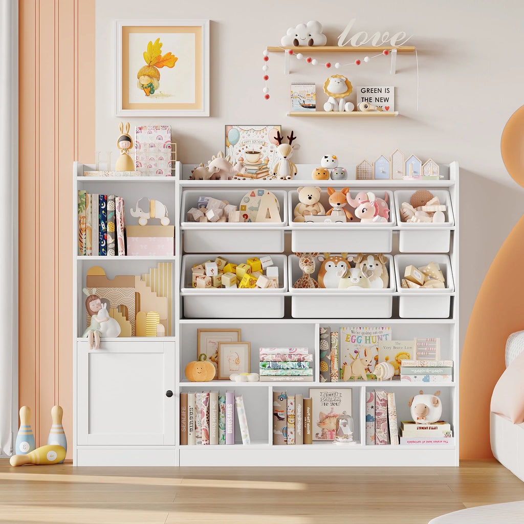 Hiphuta 55"In Kids Bookcase with Toy Storage Organizer, Wood Cube Bookcase Toy Chest of 8 Compartments & 6 Movable Bins, Bookshelf for Kids Bedroom, White