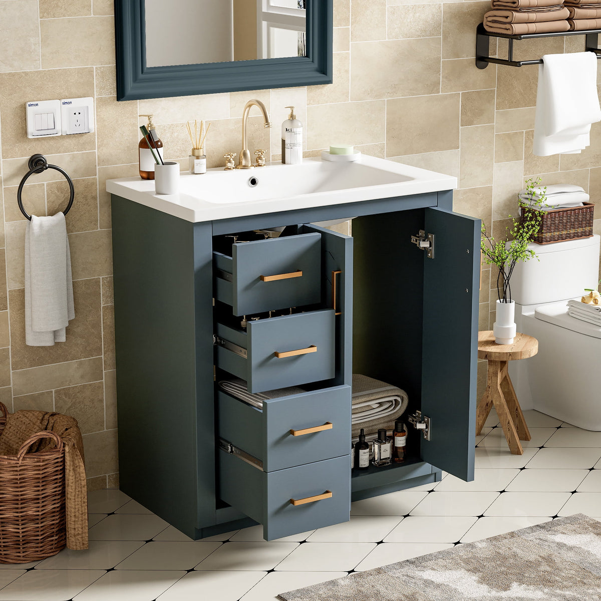 ENSHUI 30-Inch Bathroom Vanity with Ceramic Sink Combo, Solid Wood Frame, 4 Drawers, Soft Closing Doors, Green