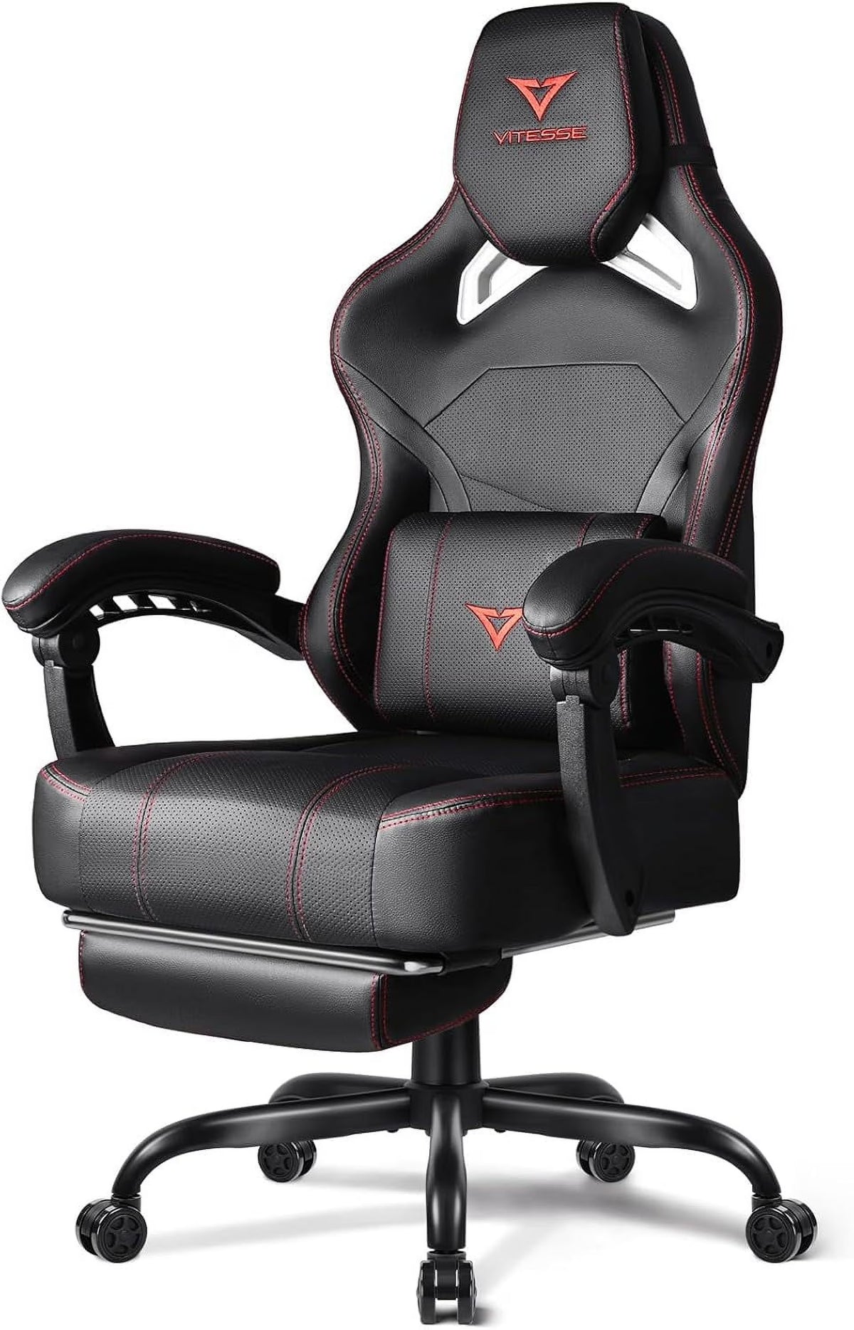 VITESSE Big and Tall Gaming Chair 400lb Weight Capacity with Footrest, Ergonomic Video Game Chair for Adults with Oversized Headrest and Lumbar Pillow, Computer Chair Gaming for Office (Black+Red)