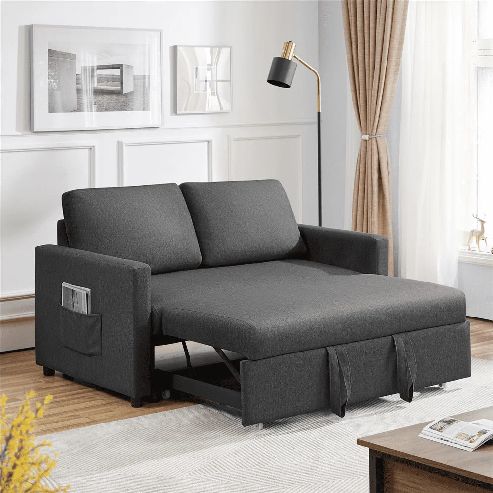 Alden Design Linen Loveseat Sofa with Pull-Out Trundle Bed, Dark Gray