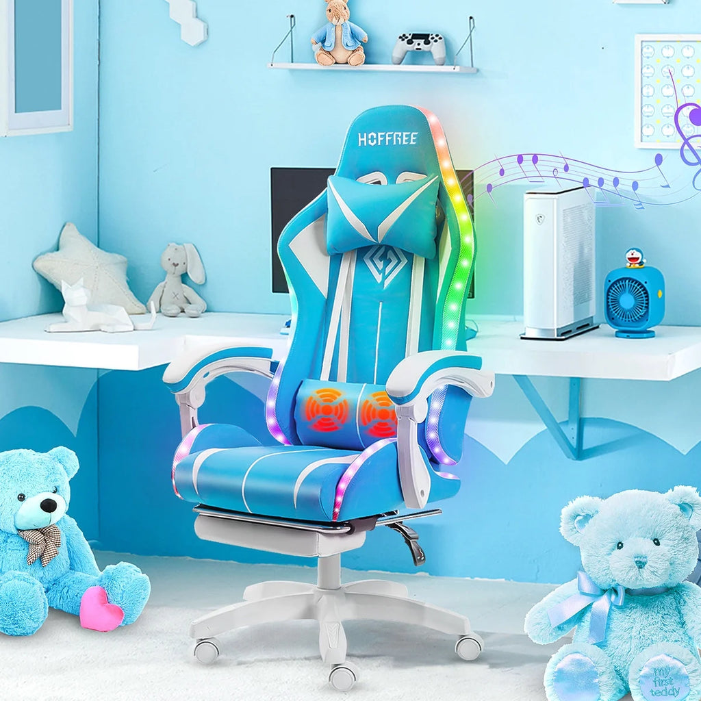 Hoffree Gaming Chair with Bluetooth Speakers and Footrest Massage Office Chair with LED Lights Ergonomic Game Chair High Back with Lumbar Support and Headrest Adjustable Swivel for Adults 300lb