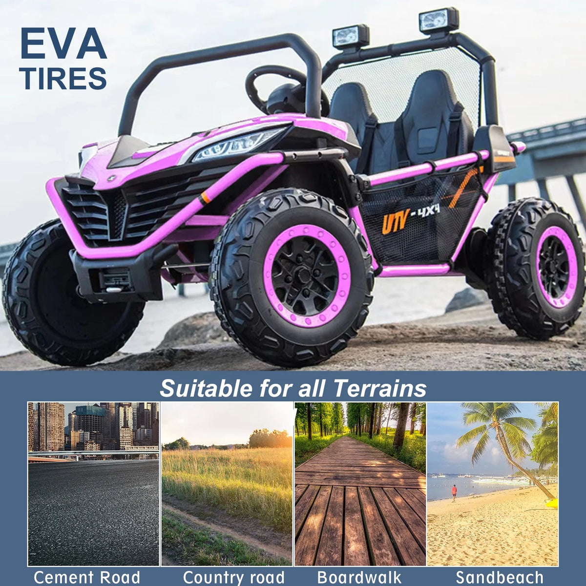 OTTORD 24 V Ride on Car UTV 2 Seater, 2x200W Electric Car Truck with Metal Frame, Brake&Gas Pedal, EVA Tires,3 Speed (Purple Pink)