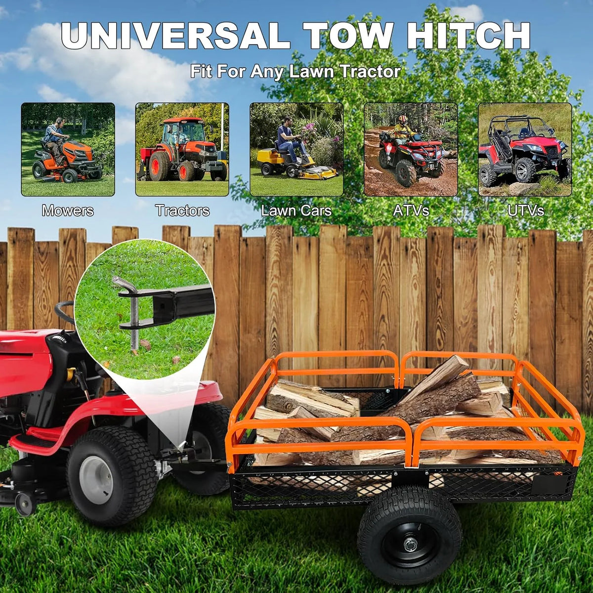Heavy Duty Steel ATV Trailer,1600 Lbs Dump Cart, 15 Cubic Feet, Removable Sides, for Riding Lawn Mower Tractor