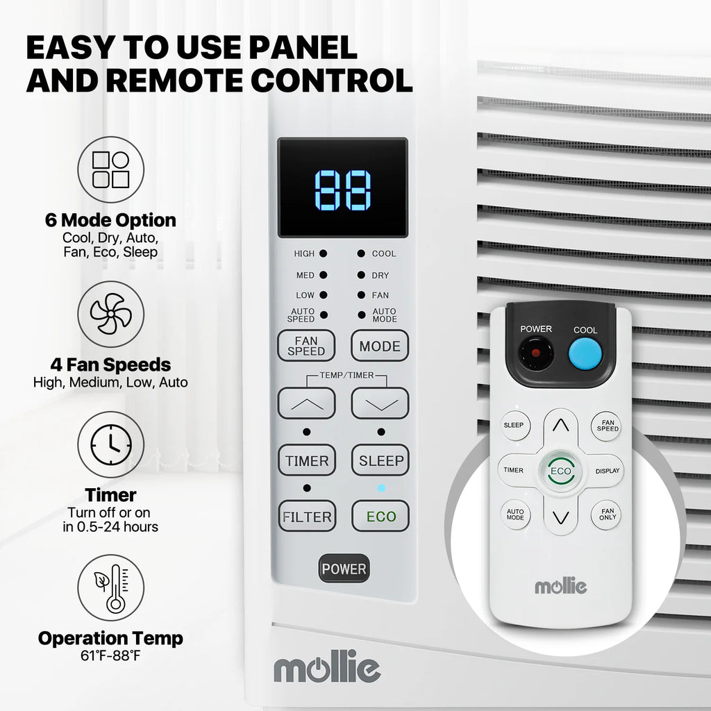 mollie 12,000 BTU 115V Window Air Conditioner, Cools Rooms up to 450 Sq.Ft., Window AC Unit with Remote Control, 24H-Timer and 3 Fan Speeds, White