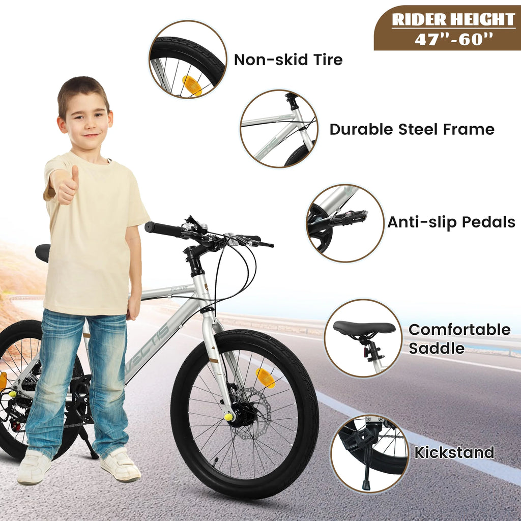 20 Inch Kids Bike for Boys Girls, 7-Speed Children Road Bike with Steel Frame and Dual Disc Brakes, Kids Road Bicycle for Ages 6-12 Years Old Birthday Gift, Silver