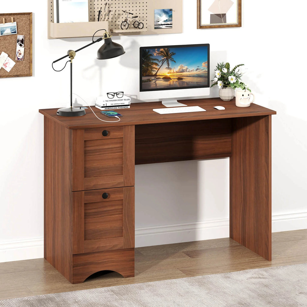 Costway 43" Home Office Desk with Charging Station Compact Study Writing Desk Walnut