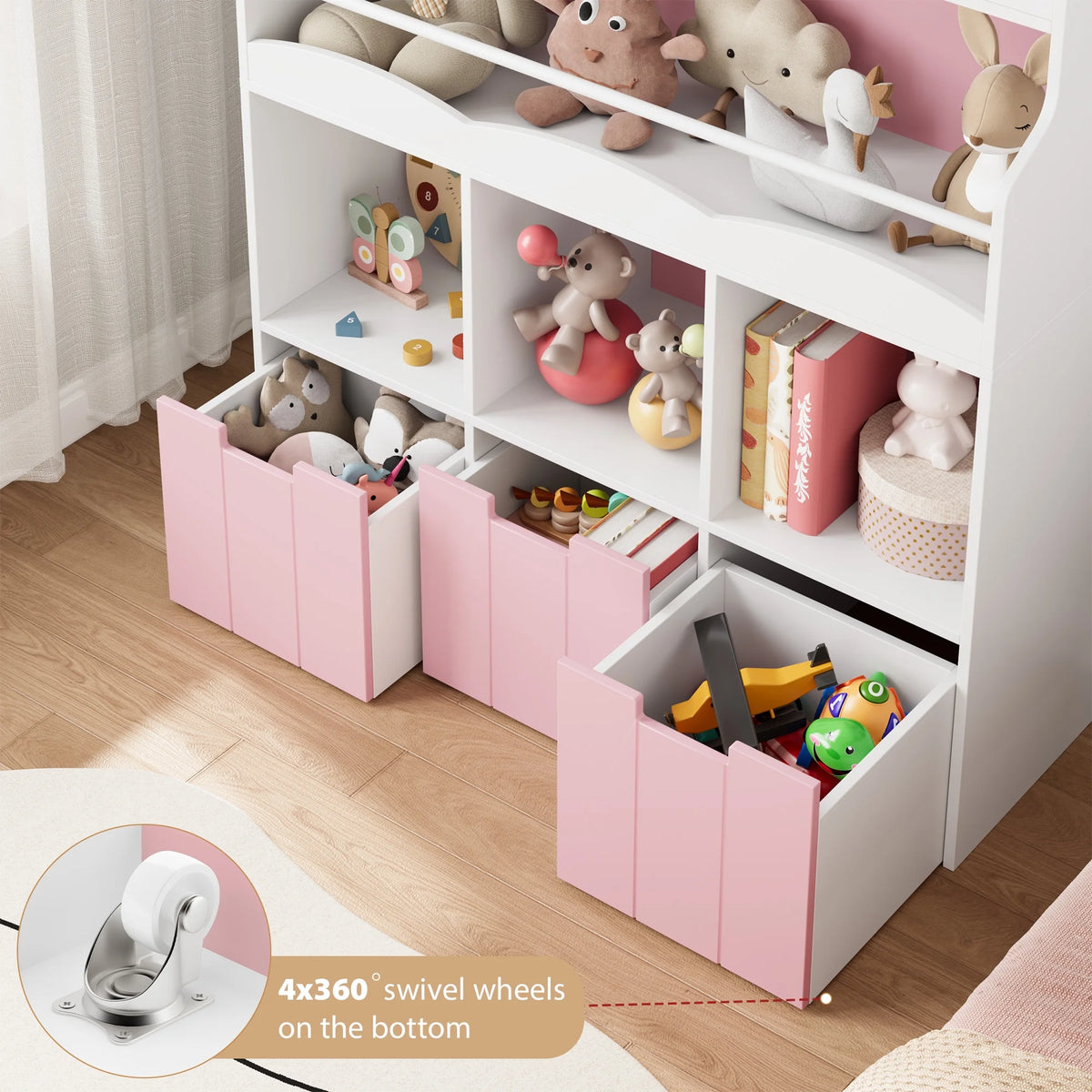 Homfa 55.5�� H Kids Bookshelf with 2-Tier Book Shelves, Children Toy Organizer with 3 Cubes and Removable Drawers, White