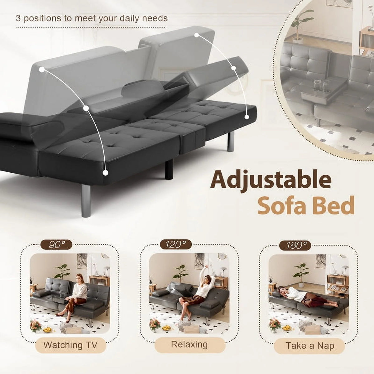 Furmax Futon Sofa Bed Convertible Folding Faux Leather Couch with 2 Cup Holders,Black