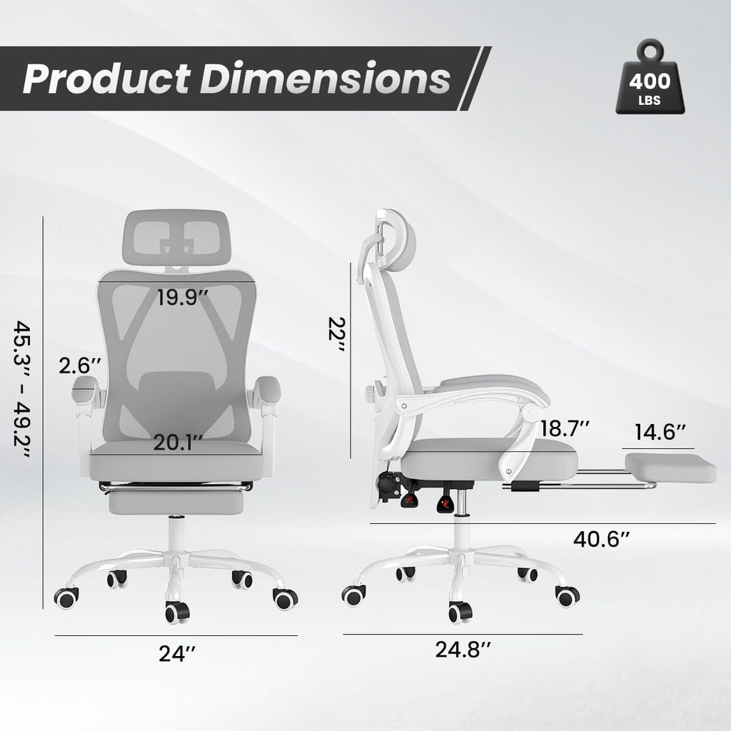 STARY Ergonomic Office Chair with Footrest, High Back Mesh Desk Chair with Adjustable Headrest & Lumbar Support, Comfortable Computer Chair for Home Office Study, White & Beige