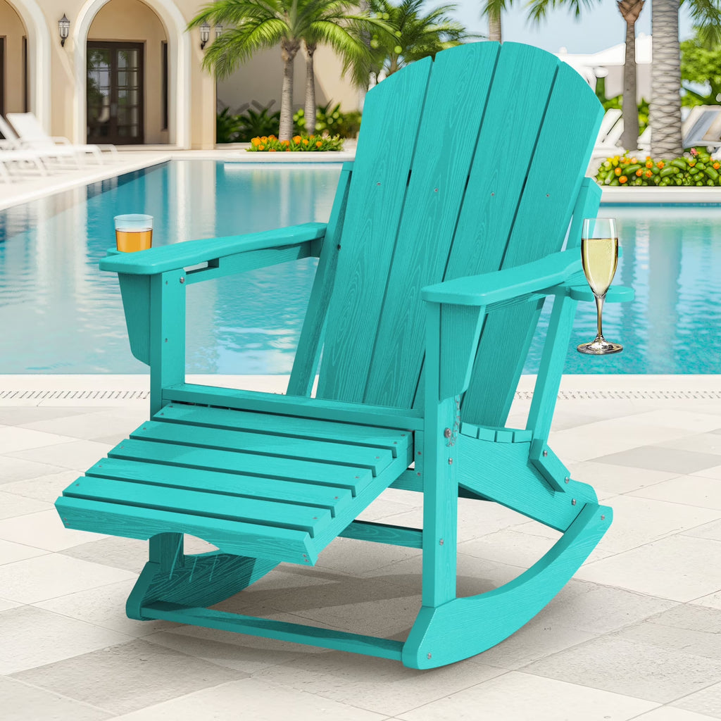 KINGYES Folding Adirondack Rocker Chair Set of 2 W/ Footrest & Dual Cup Holders, HDPE Outdoor Patio Rocking Chair, Black
