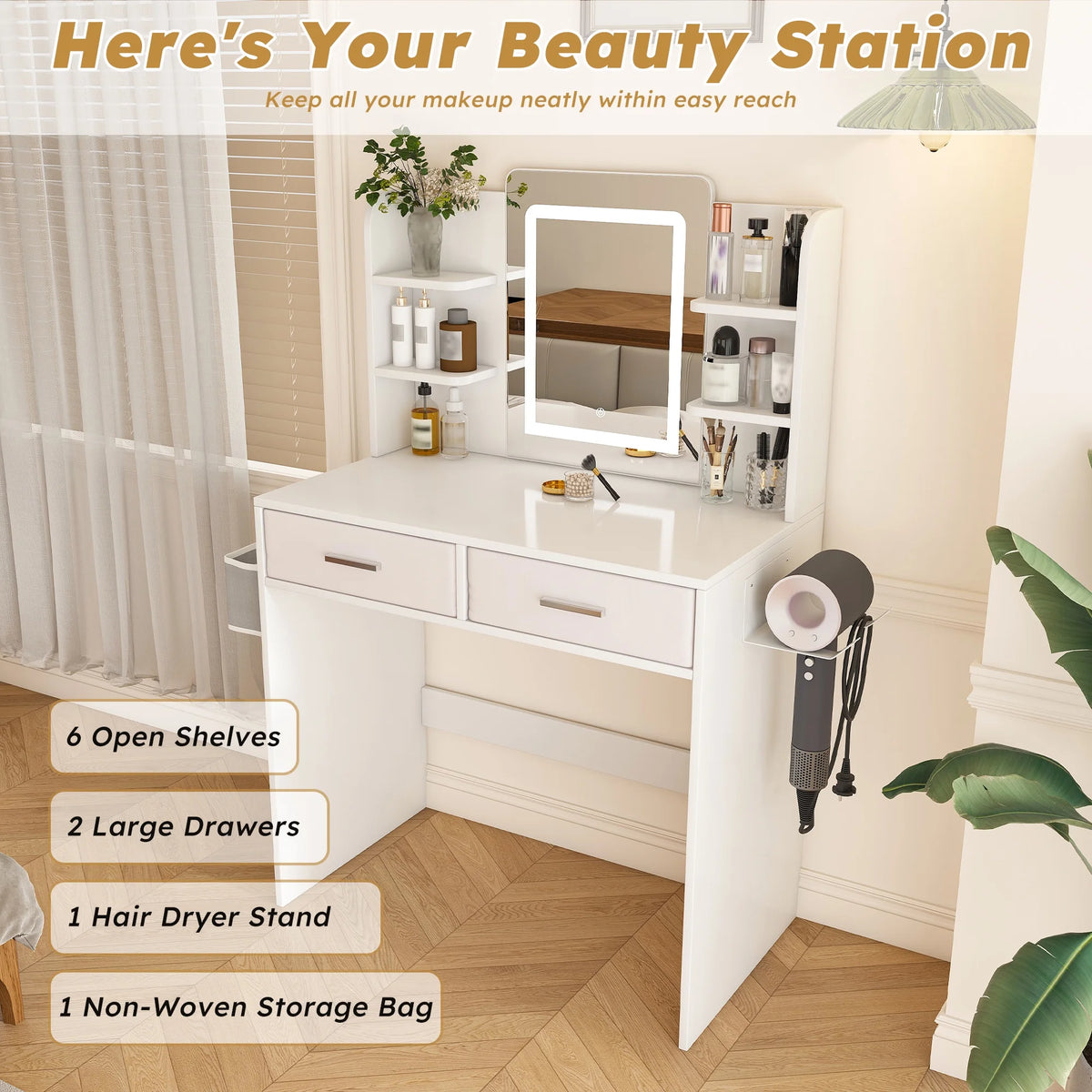 Montary Modern Mini Vanity w/Adjustable LED Mirror + Hidden Storage, Padded Stool & Dustproof Shelves (White)
