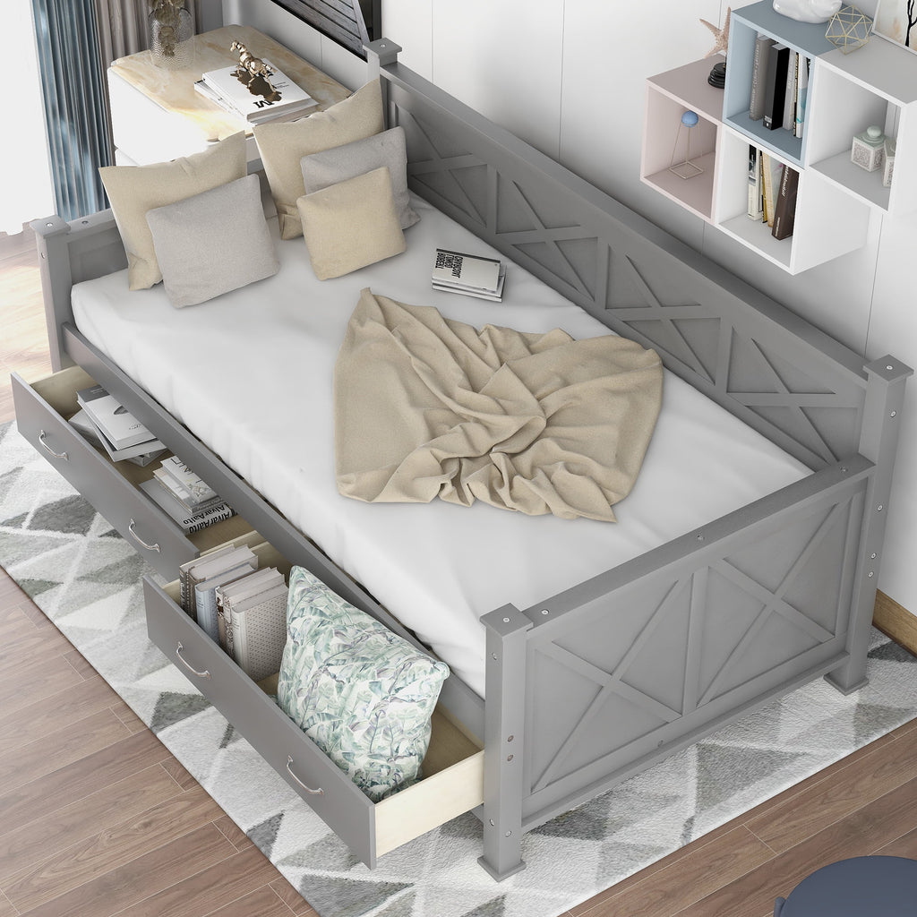 Euroco Twin Size Dayed with 2 Storage Drawers for Bedroom Low Profile Platform Bed, White