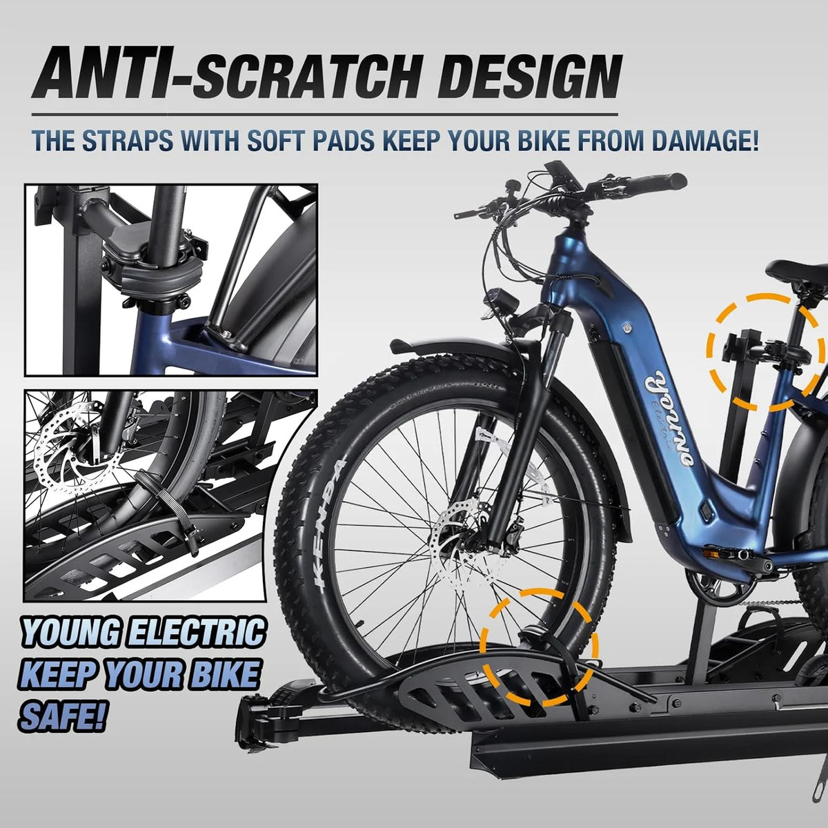 Young Electric Ebike Rack, 200lb Capacity, Alloy Steel Hitch Mount, Fits 5-Inch Fat Tire Bikes, 2-Inch Receiver
