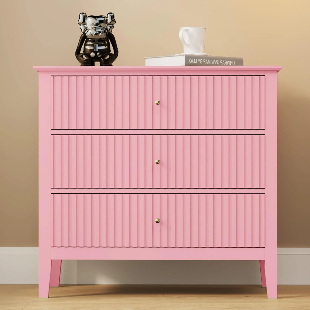 Heynemo Beige 6 Drawer Dresser, Fluted Modern Wood Chest
