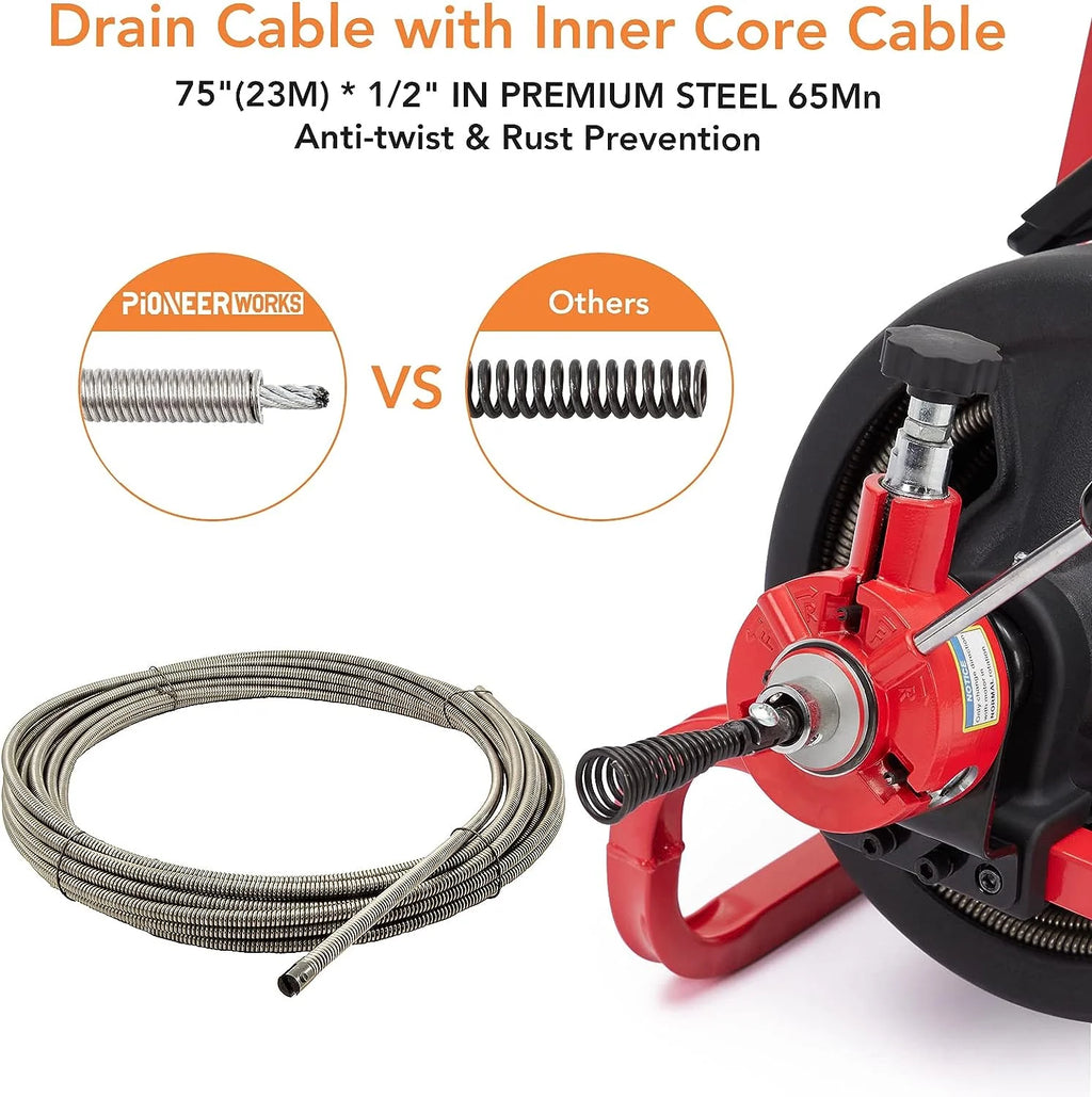 75Ft x 1/2 Inch Drain Cleaner Machine, Auto-feed Electric Drain Auger Professional for 2 to 4 Inch Pipes, with 6 Cutters, Glove, Drain Auger Cleaner Sewer Snake