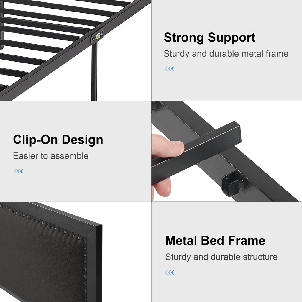VECELO Queen Size Bed Frame Metal Platform Bed with Upholstered Headboard, No Box Spring Needed, Black