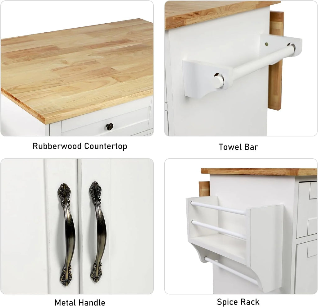 ANPOO 67" Rolling Kitchen Island with Drop Leaf, Tilt Out Kitchen Trash Cabinet 10 Gallon Storage, Kitchen Cart Island with Rubber wood Top, Spice Rack and Drawers