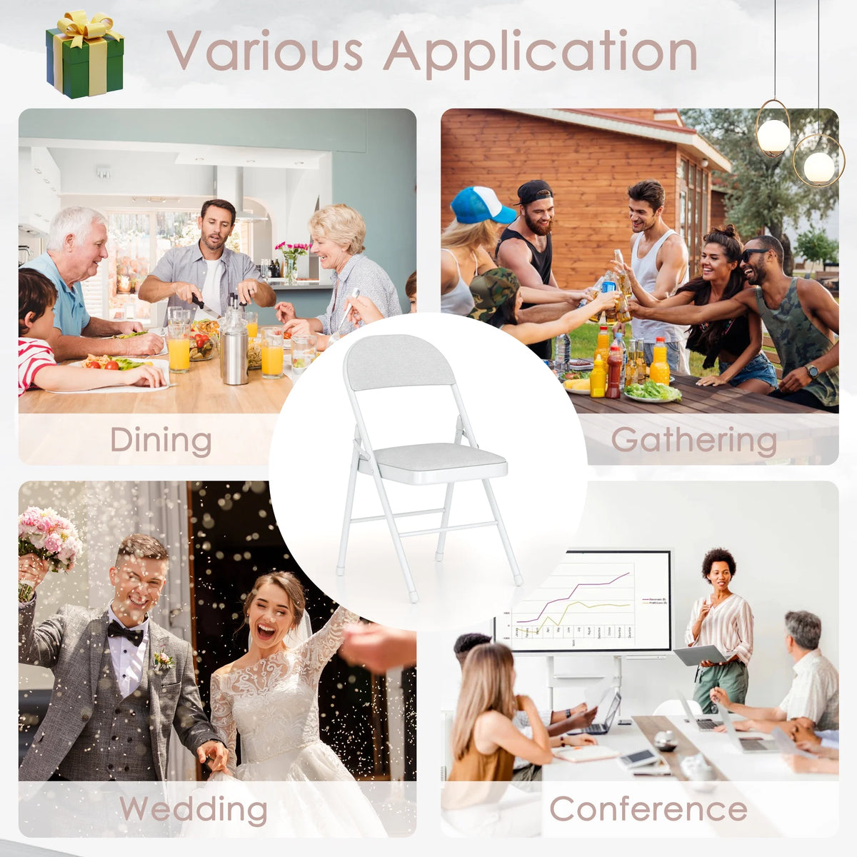 VECELO Set of 4 Folding Chairs, Fabric Dining Chair Set with Padded Cushion and Back, Indoor Outdoor Upholstered Seat with Metal Frame for Home Office Events Wedding Party, Orange