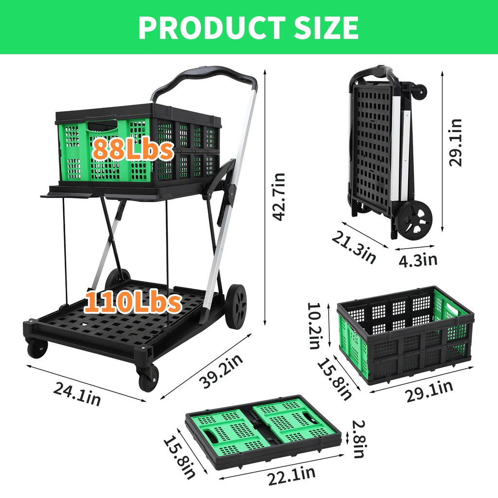 Garvee Foldable Shopping Cart for Groceries, 2-Tier Collapsible Utility Carts with Wheels & Removable Storage Crate, Aluminium & PP, Portable for Supermarket & Home Use