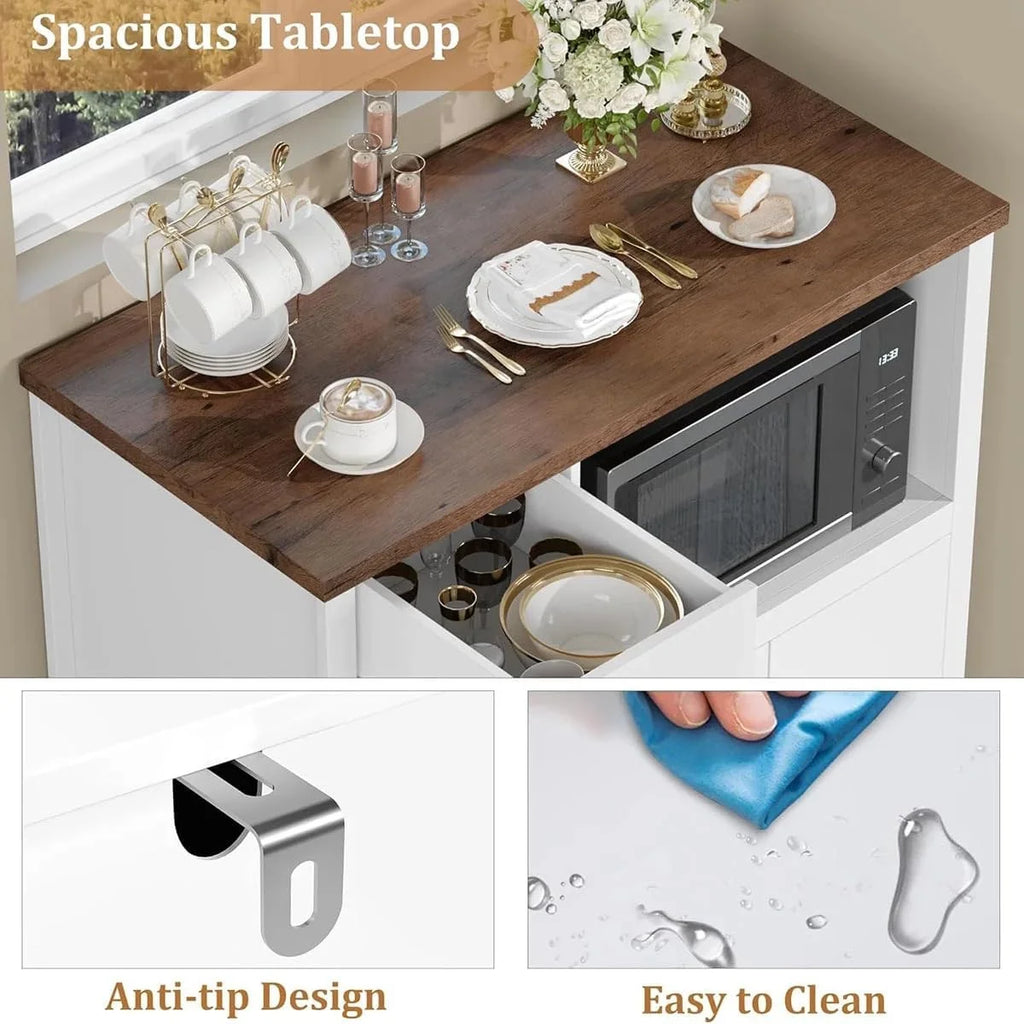 Kitchen Microwave Cabinet with Storage,Buffet Sideboard with 3 Doors, 1 Drawer & Adjustable Shelves, Pantry Storage Cabinet, White