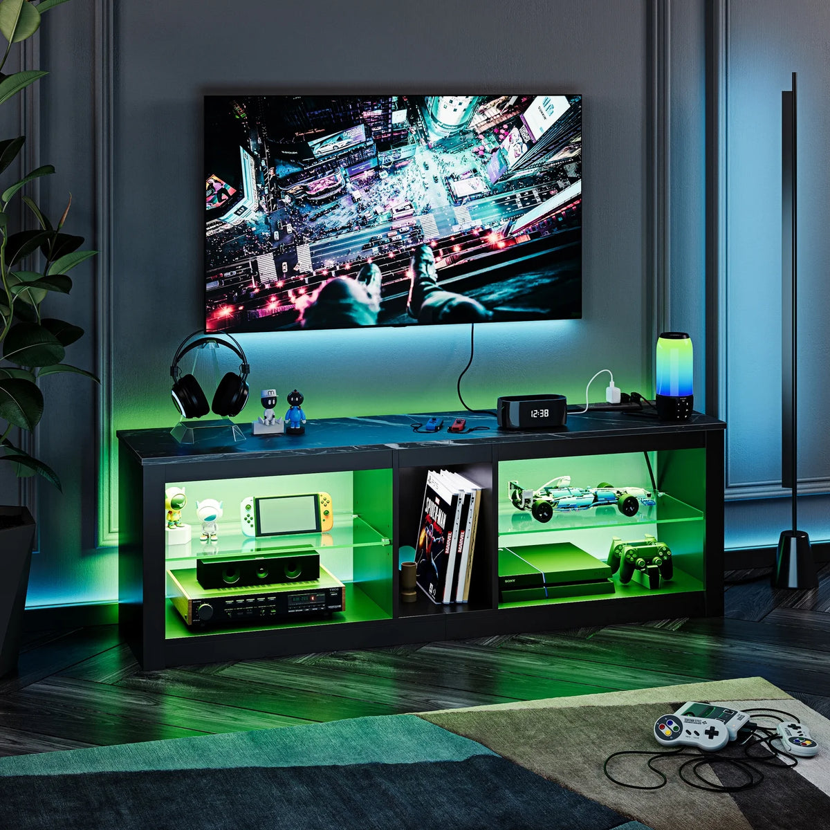 Bestier Entertainment Center with LED Lights TV Stand Media Console Table for TVs up to 60" in Light Grey