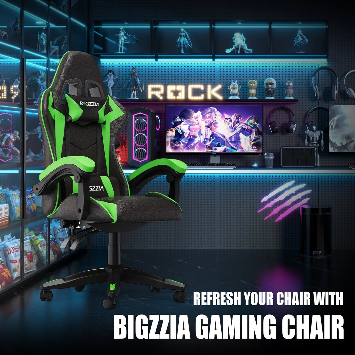 Bigzzia Gaming Chair Office Chair, Ergonomic Game Chair with Height Adjustable Headrest and Lumbar Support for Adults Teens, Black & White