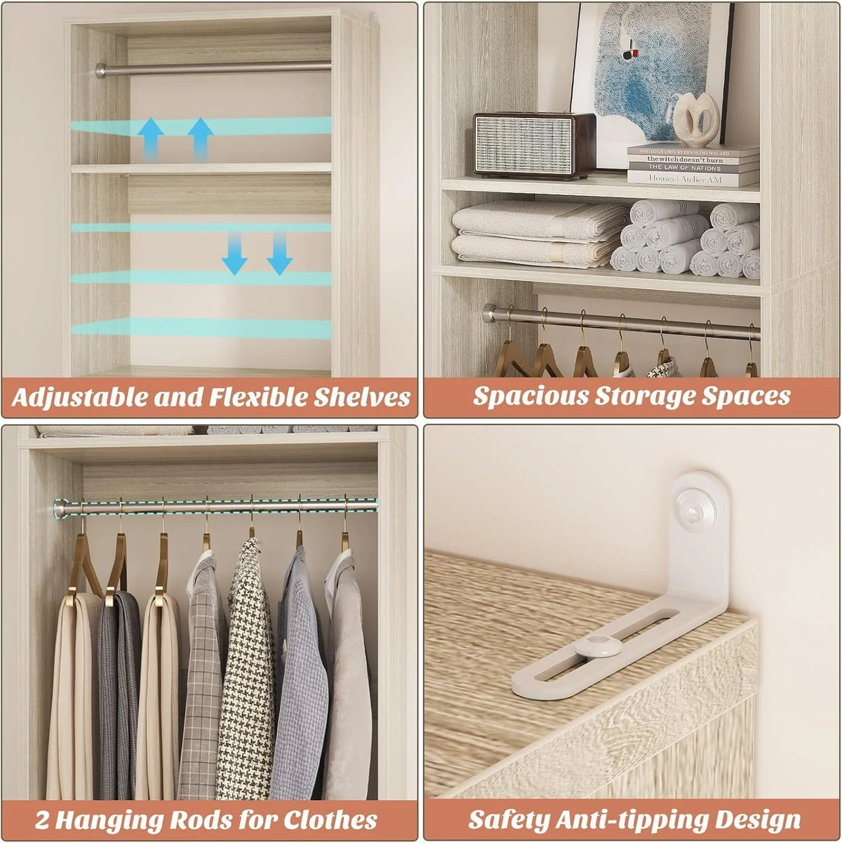 Homieasy 25�?Closet System, Freestanding Closet Organizer Wardrobe with Hanging Rods and Shelves, Adjustable Clothes Garment Rack, Sturdy Walk in Closet Tower, White