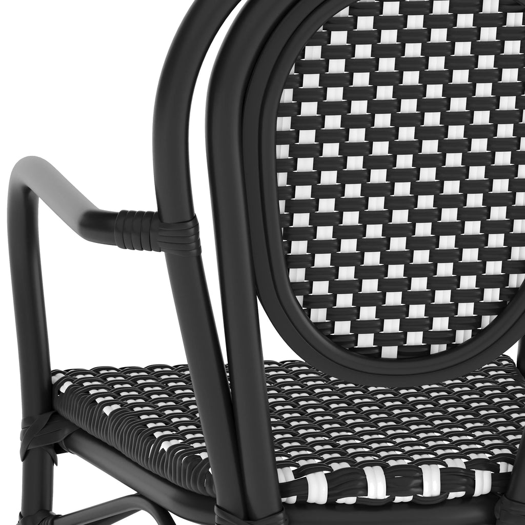 Merrick Lane Stacking Thonet French Bistro Style Chair with Arms, Black & White PE Rattan Seat, and Bamboo Finished Metal Frame for Indoor/Outdoor Use