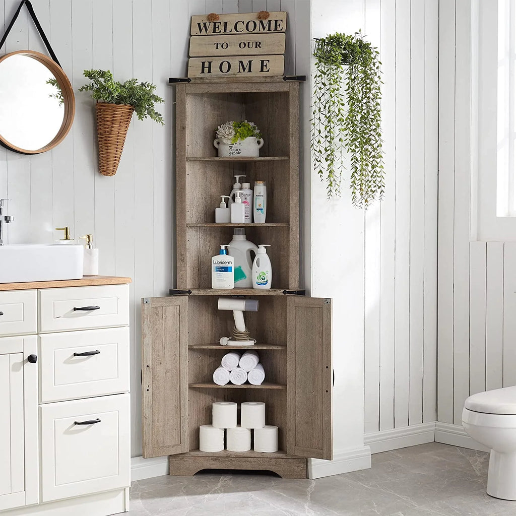 OKD Farmhouse Tall Corner Cabinet with Barn Door & Adjustable Shelves, 68" Rustic Wood Corner Cabinet with Storage Cabinet for Bathroom, Kitchen, Antique White