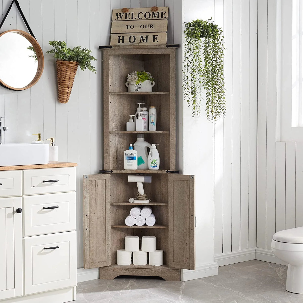 OKD Farmhouse Tall Corner Cabinet with Barn Door & Adjustable Shelves, 68" Rustic Wood Corner Cabinet with Storage Cabinet for Bathroom, Kitchen, Antique White