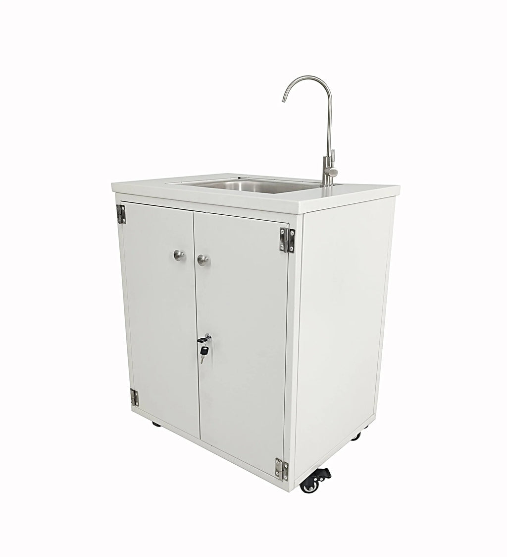 Cabinet Portable Sink Self Contained Hand Wash Station Mobile Sink Water Fountain Water Supply 110V/12V Powered Built-in Pump Water Jugs NOT included 24 X 18 X 30" CABINET SIZE 10094