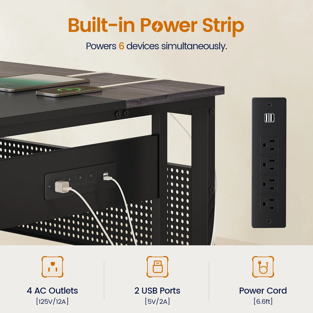 71" Executive Desk with Power Outlets, Modern L Shaped Office Desk with File Drawers and Pegboard, Large Computer Desk, Rustic Brown
