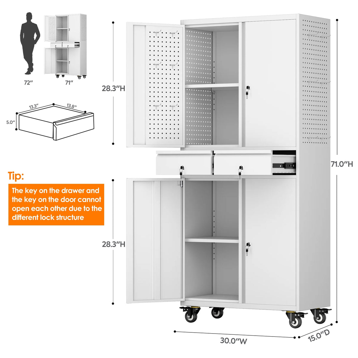 SUPEER 71" Metal Storage Cabinets with Wheels and Pegboards, Industrial Cabinet with 2 Drawers and 2 Adjustable Shelves,, Assembly Required