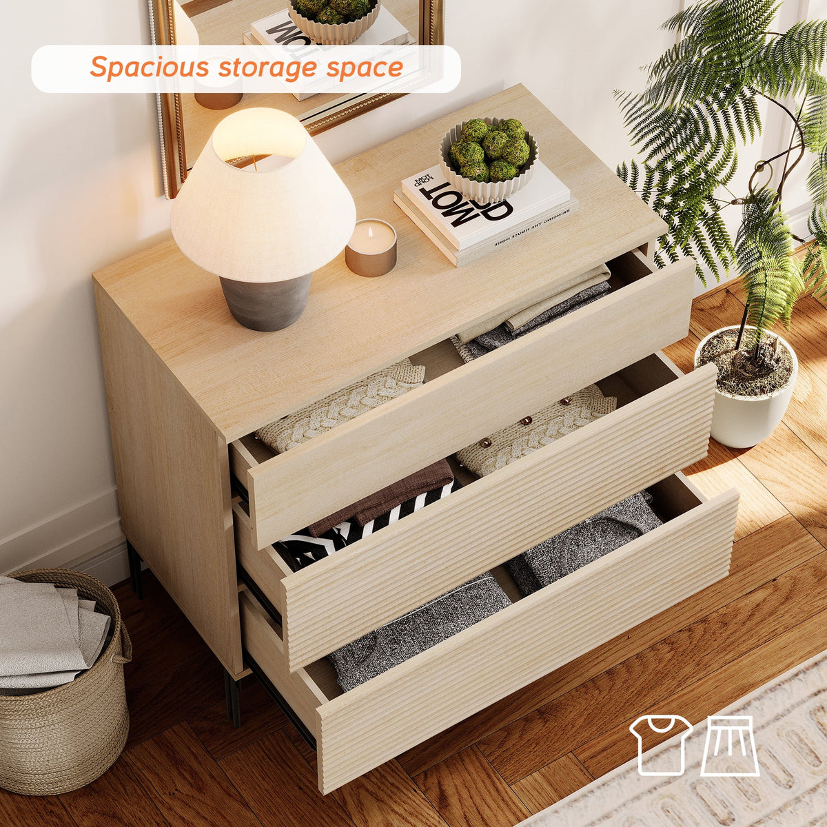 Modern Minimalist Wood Nightstand with 3 Drawers ,31.5" Large End Table,Reeded Design Bedside Table for Bedroom, Living Room,Entryway