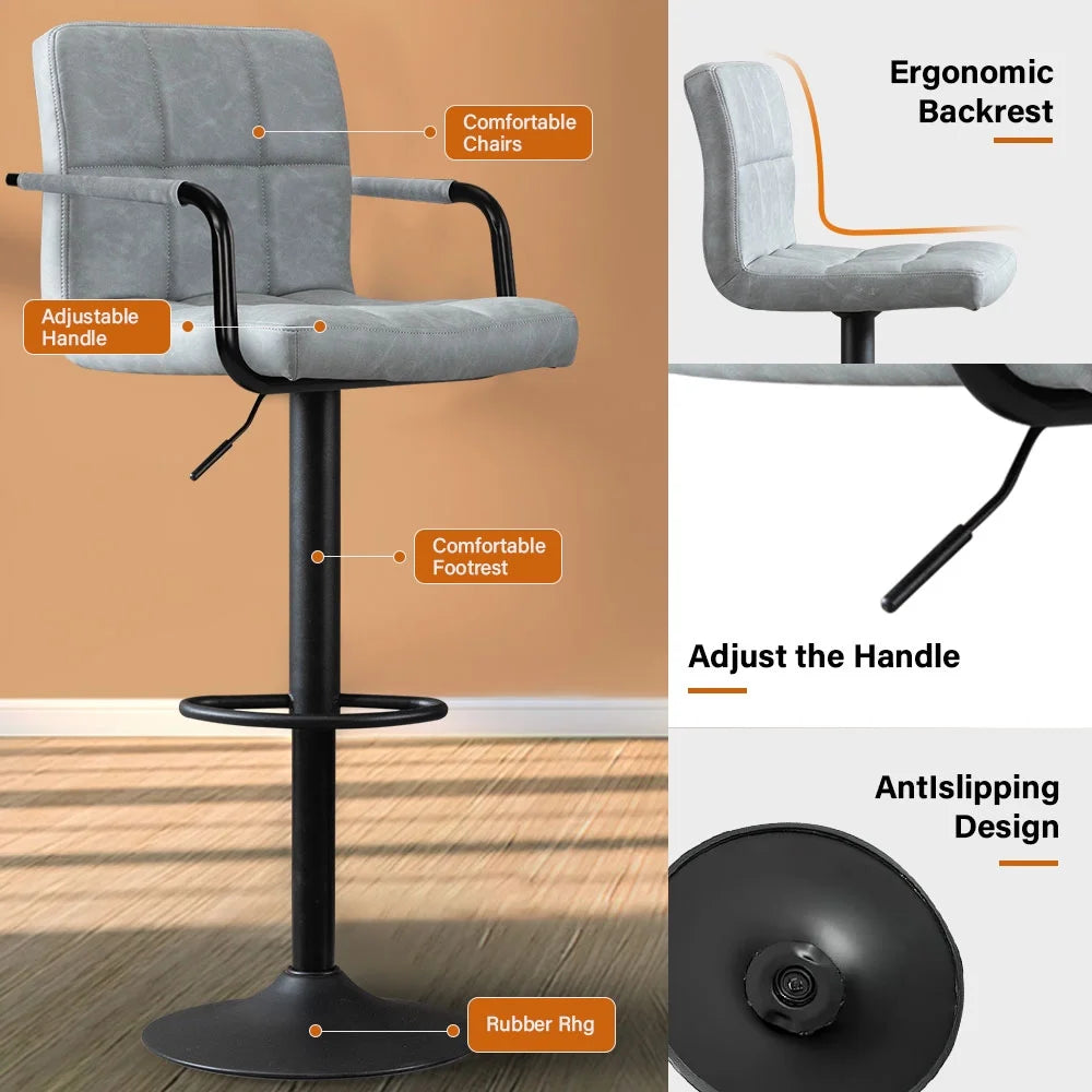 JONPONY Bar Stools Set of 2, Back and Armrest,Vintage Leather Modern Bar Chairs for Home and Kitchen Counter,Black,Low Back