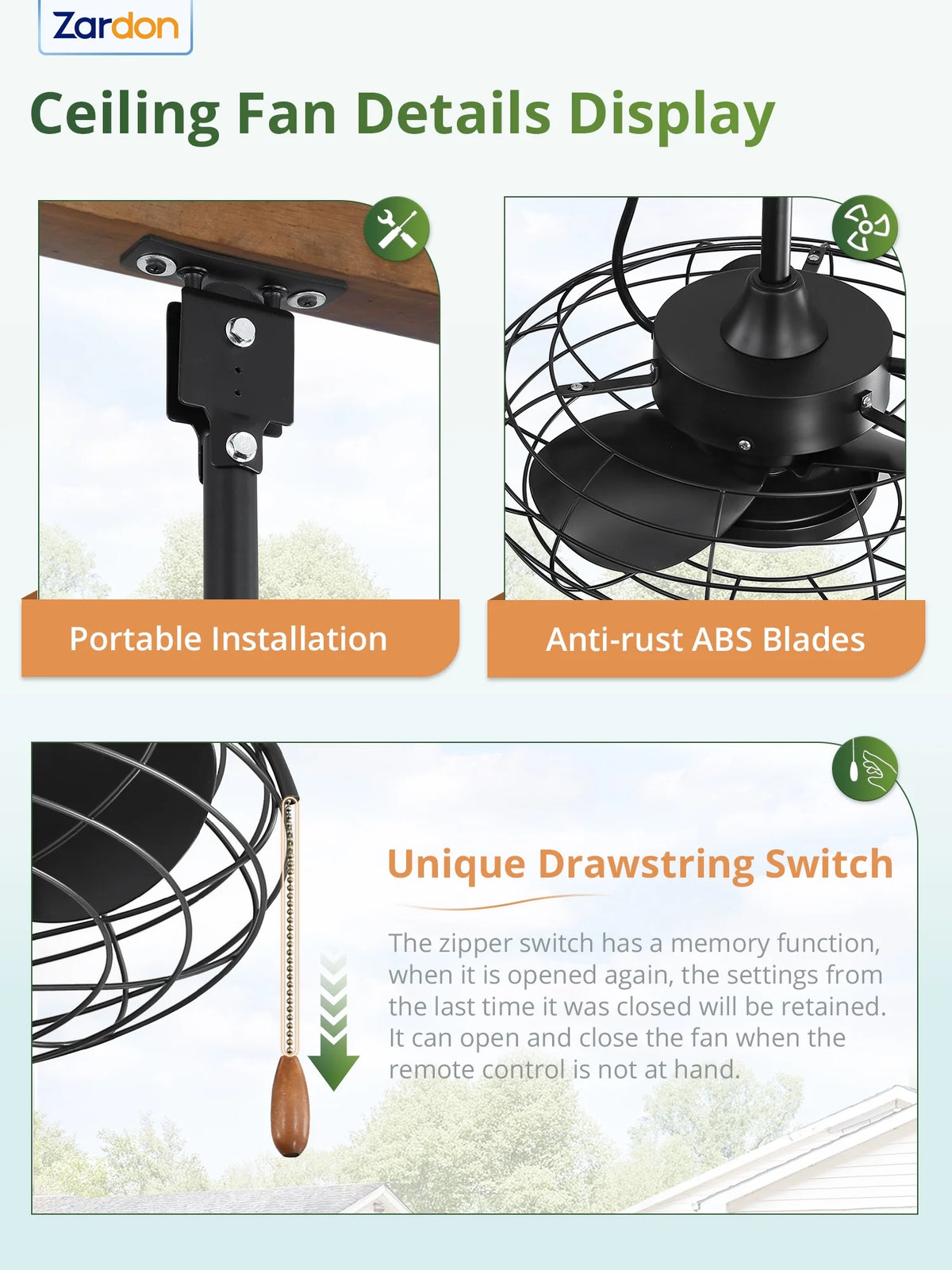 Zardon 20" Outdoor Ceiling Fan with Light and Remote, 7 Blades Caged Waterproof Gazebo Fan for Patio, Porch, Pergola Canopy, App Control