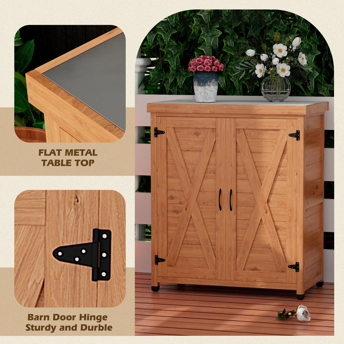Tcbosik Outdoor Storage Cabinet & Potting Bench Table, Wooden Patio Furniture with Metal Top, Garden Workstation for Backyard, Lawn, Deck, Balcony, Gray