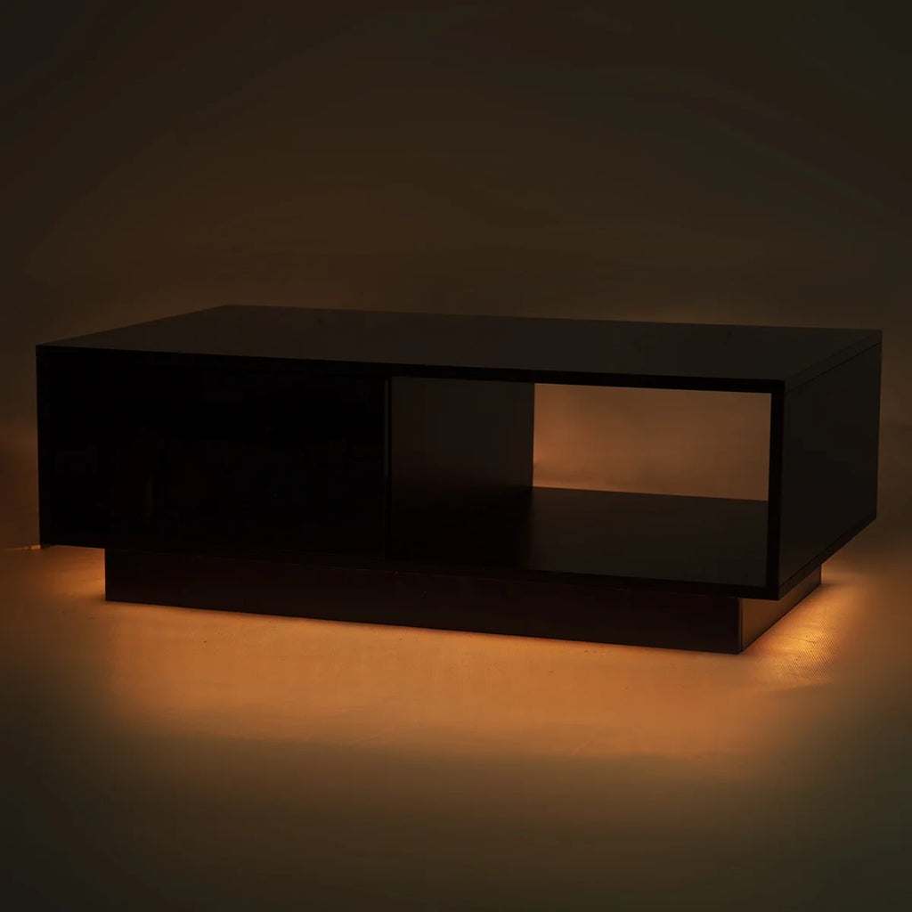 Hommpa LED Coffee Table Modern Side Tables High Gloss Black Cocktail Table with 2 Drawers Open Shelf for Living Room