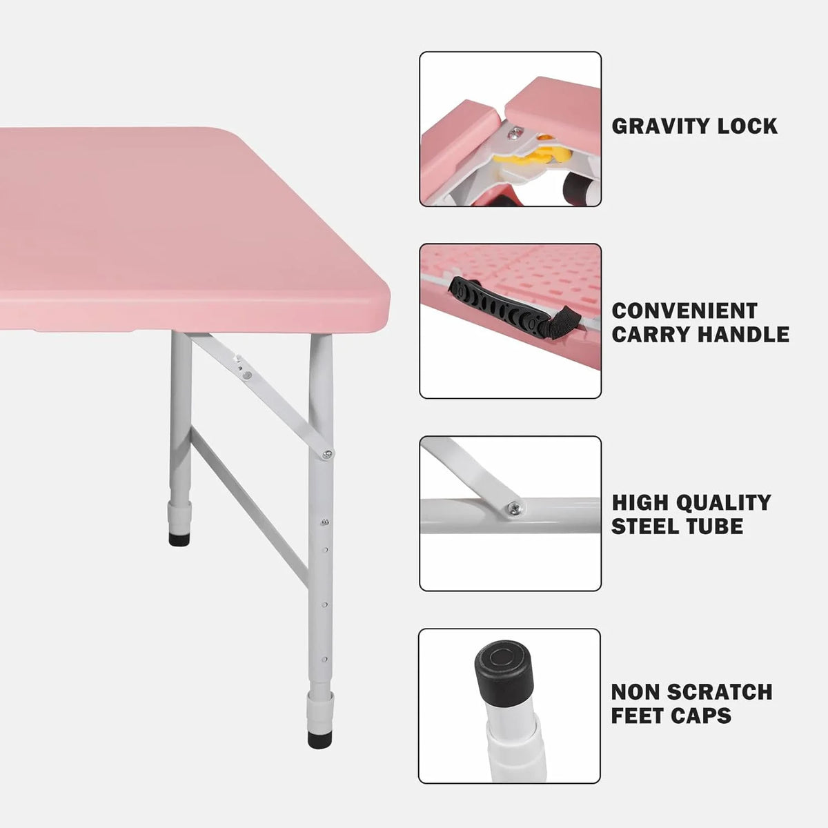 Folding Table with Carry Handle, Portable Fold-in-Half Plastic Table, Rectangle Foldable Table for Indoor
