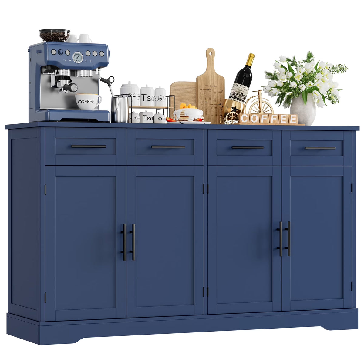 Homfa Farmhouse Buffet Cabinet with 4 Drawers and 4 Doors, 59" W Sideboard Buffet Storage Cabinet with Shelves, for Kitchen Living Room Bedroom, Wash Gray