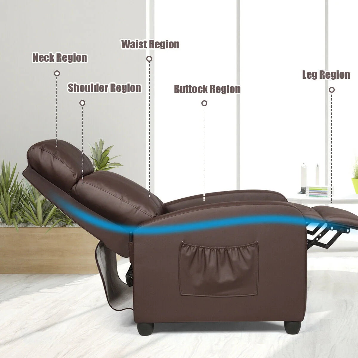 Gymax Massage Recliner Chair Single Sofa PU Leather Padded Seat w/ Footrest Brown