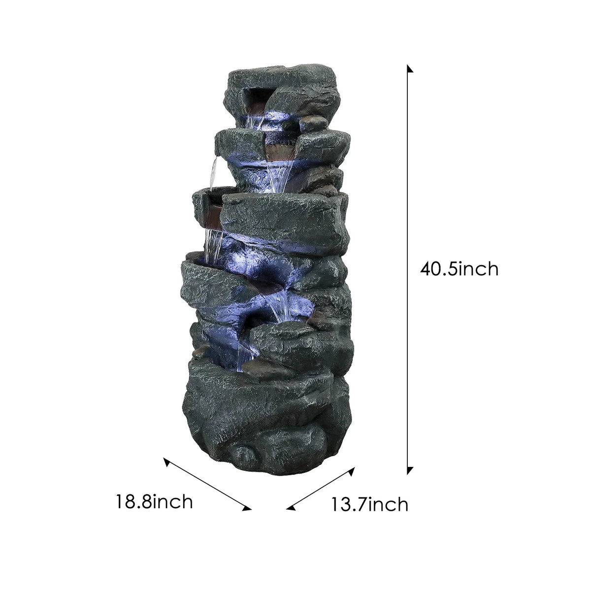 SunJet 40.5" Rock Water Fountain w/LED Lights - Outdoor 6-Tier Waterfall Fountain  for Garden Decor