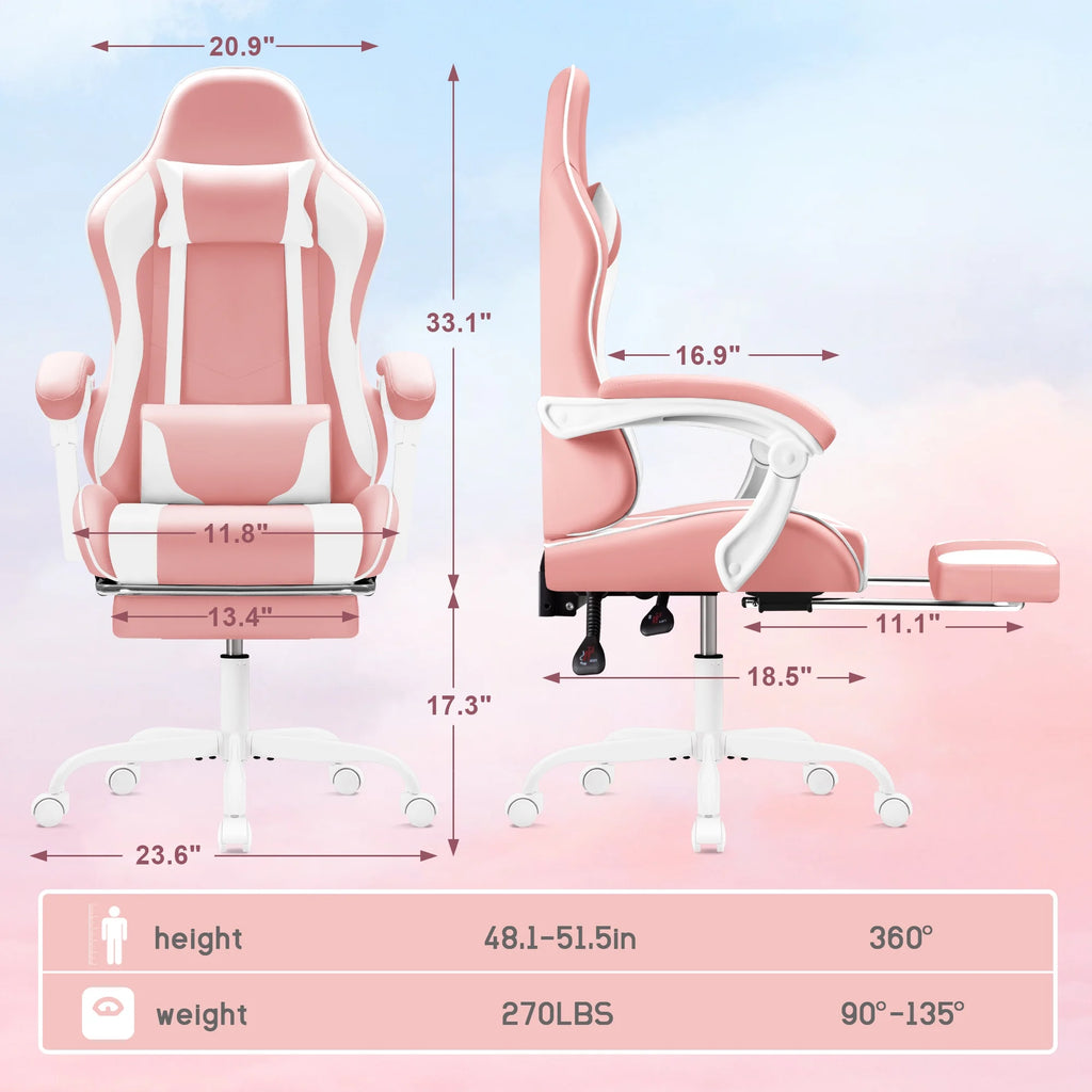 Lacoo PU Leather Gaming Chair Massage Ergonomic Gamer Chair Height Adjustable Computer Chair with Footrest & Lumbar Support, White