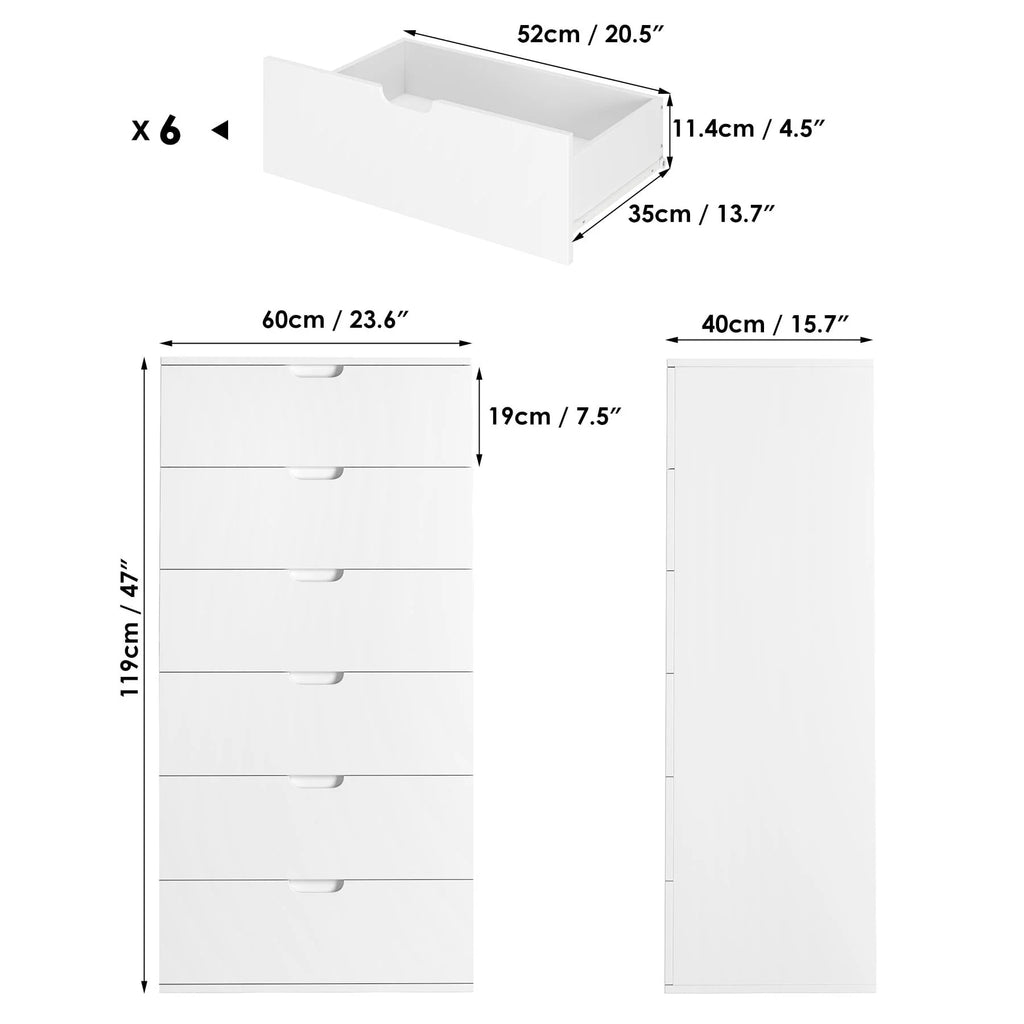 Homfa 6 Drawers Dresser, 47"H White Dresser, Modern Chest with Drawer for Bedroom