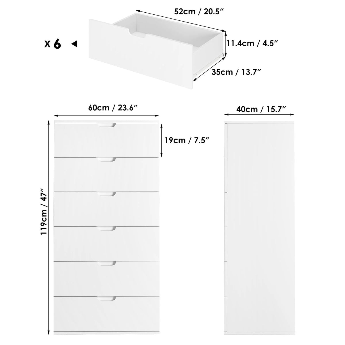 Homfa 6 Drawers Dresser, 47"H White Dresser, Modern Chest with Drawer for Bedroom